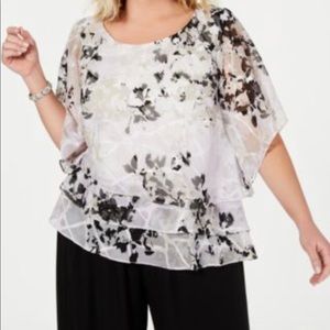 Alex Evenings Plus Size Floral Print Asymmetrical Triple Tiered Blouse